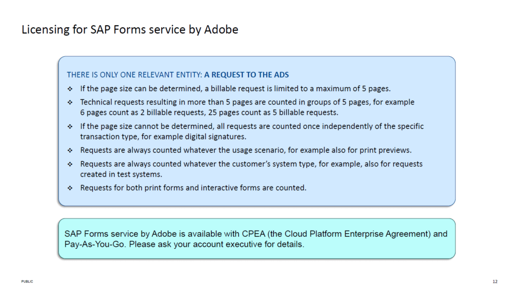 Alt-Text: Präsentation über die Lizenzierung des SAP Forms Services von Adobe, die wichtige Informationen zu abgerechnetem Seitenumfang und Anfragen enthält. Die Darstellung umfasst technische Details und Nutzungsszenarien.