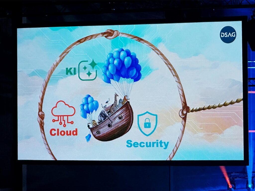 Bildschirmpräsentation mit dem Thema Cloud, KI und Sicherheit. Auf der Grafik ist ein Schiff mit Tieren zu sehen, das von blauen Luftballons getragen wird. Die Symbole für Cloud, KI und Sicherheit sind prominent dargestellt. Eubuleus Mitarbeiter:in präsentieren diese Themen im Rahmen einer DSAG-Veranstaltung.